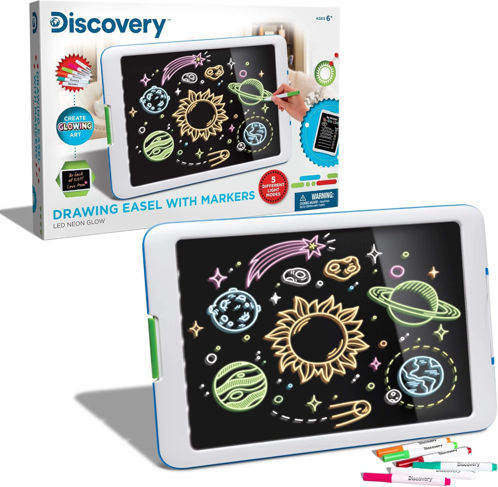 Picture of Discovery Kids Neon Glow Drawing Easel w/ 6 Color Markers, Built-in Kickstand/Wall Mount, 5 Light Modes, Easy Clean/Washable, Wide Screen